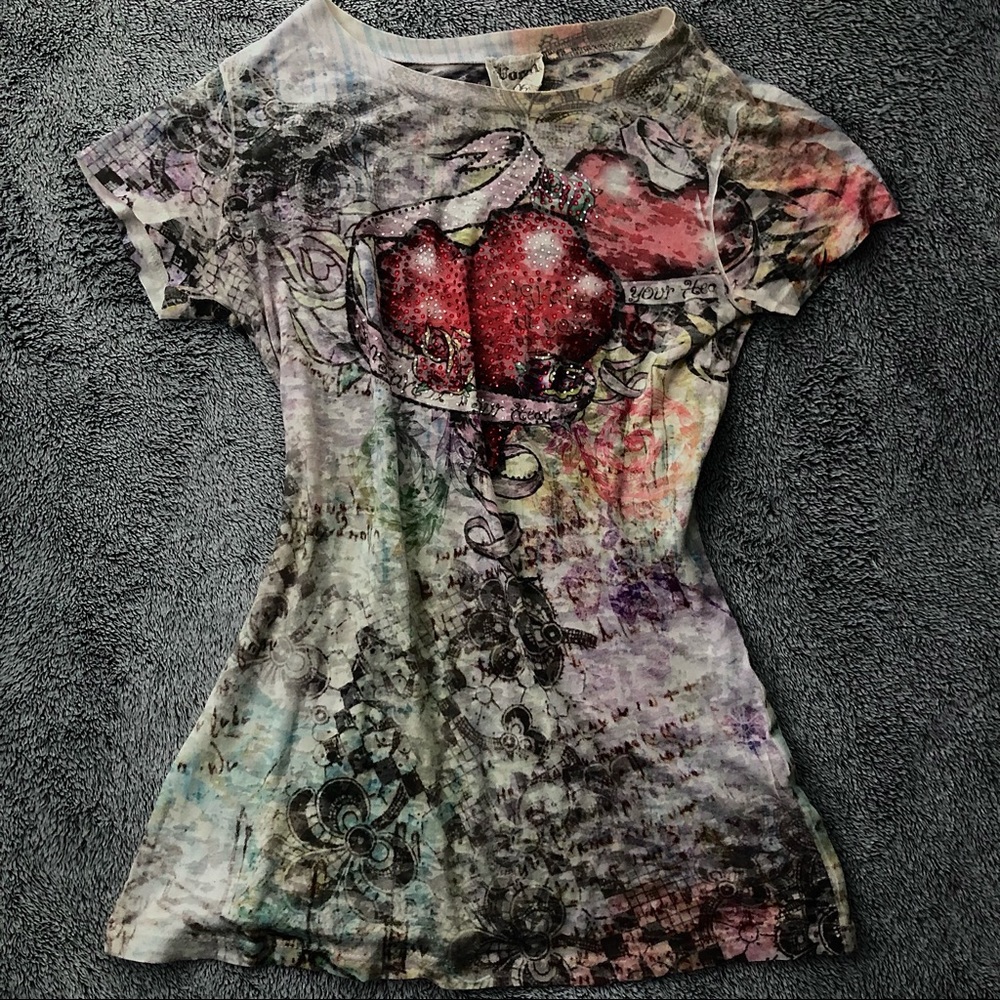 Cyber y2k tattoo Vocal heart mesh bedazzled rhinestone tee